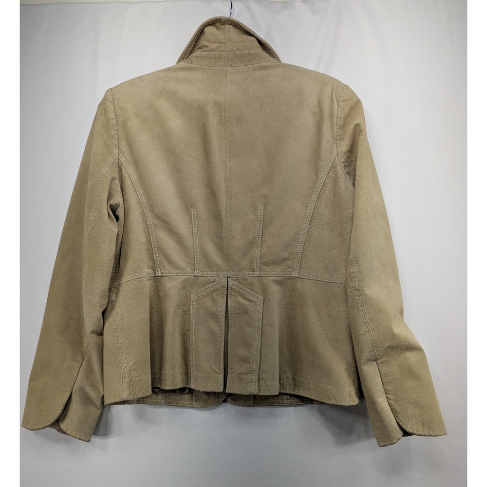 Bernardo Tan Beige Leather Blazer Jacket Lace Lining Pleated Back Womens Large - Picture 2 of 10